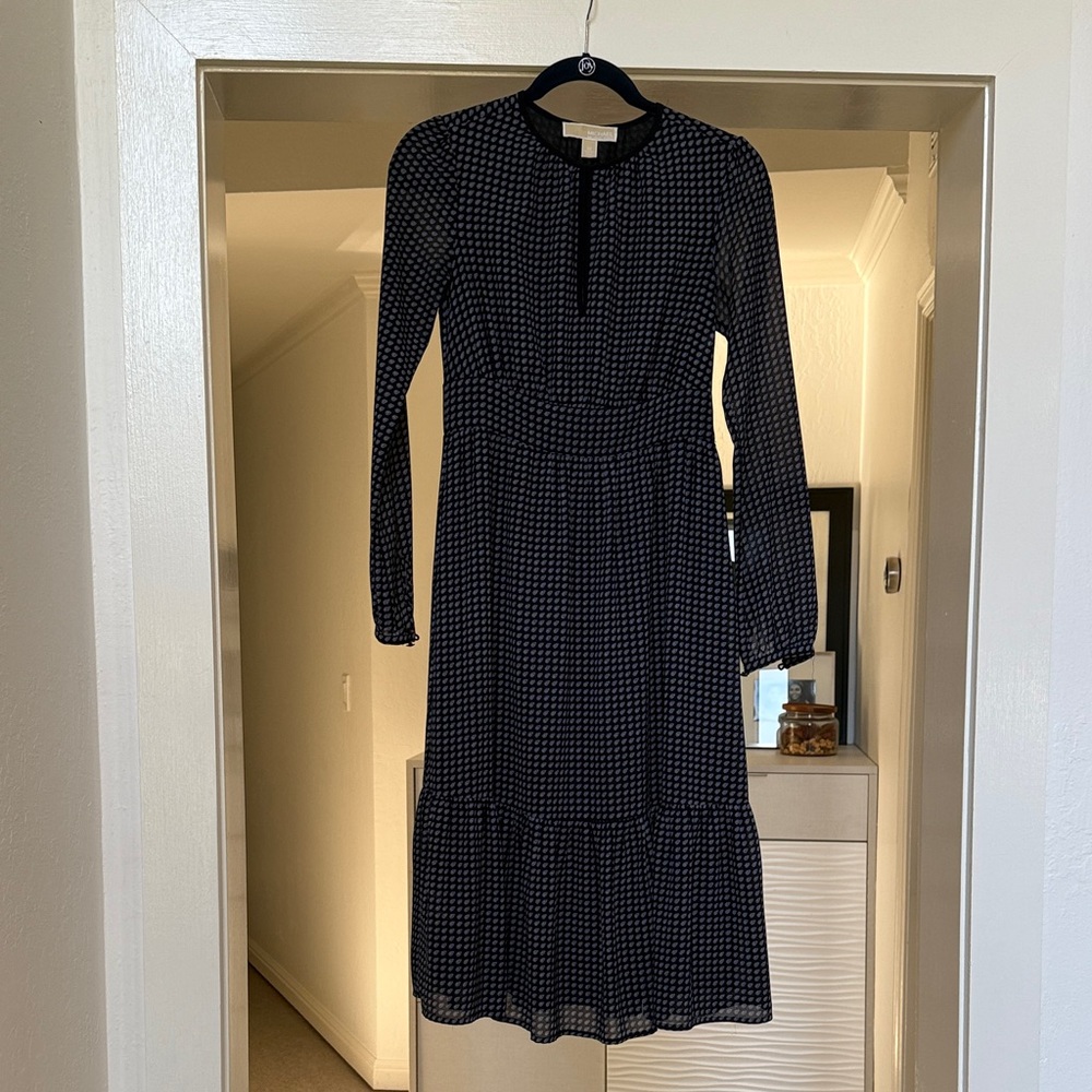 Michael Kors Navy and White Patterned Long Sleeve Dress